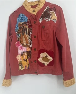 Upcycled Denim Jacket Women’s S/M Cowgirl Horses Patchwork Folk Art - Picture 1 of 8