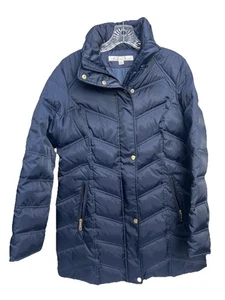 Kenneth Cole Womens Medium Down Puffer Coat Mid Length Quilted Jacket Navy Zip - Picture 1 of 10