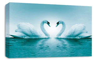Framed Love Swans Wall Art Teal White Heart Large Canvas Picture Print - Picture 1 of 5