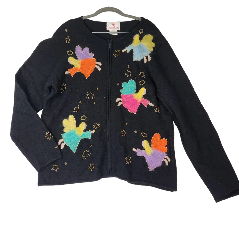 Quacker Factory Sweater Womens Sz Large Vintage Wool Angel Design Beading Felted - Image 1 of 4