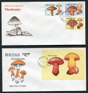BHUTAN 1989, MUSHROOMS, Scott 718,719,722,728. 3 STAMPS & S/S on 2 F.D.C.'s - Picture 1 of 1