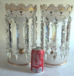 Victorian Glass Opaline Mantle Lusters Candles Enamel Prisms 12.5" Tall Antique - Picture 1 of 10