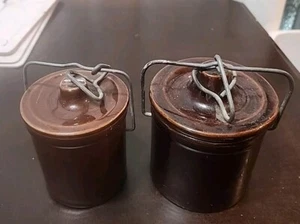 Vintage Brown Glazed Stoneware Butter Cheese Crock Locking Lid Set Of 2 - Picture 1 of 14