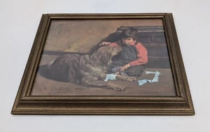 Jim Daly 1980 Wood Framed Print Boy w/ Injured Golden Retriever Dog 16 x 13 Nice - Picture 1 of 7