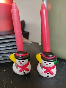 2x Vintage 1980's Christmas Snowman mini Pillar Candle Holders - Picture 1 of 5