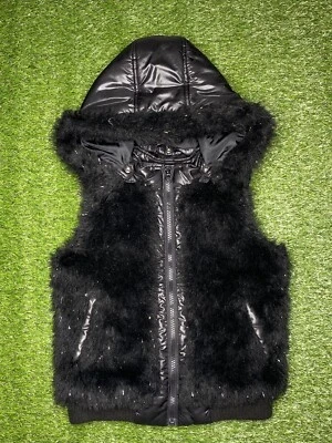 Chaleco acolchado negro Justice Girl talla 8 capucha desmontable piel sintética Foto 1 de 4