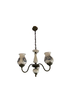 ANCIEN LUSTRE BRONZE TULIPE VERRE DE COULEUR  PLAFONNIER SUSPENSION LAMPE - Imagen 1 de 6