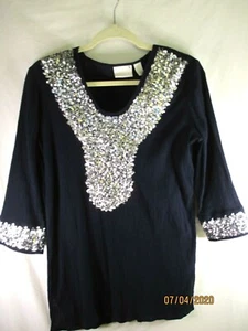 Top túnica de verano Chico's azul marino gasa lentejuelas manga 34 R14 - talla 0 - Imagen 1 de 2