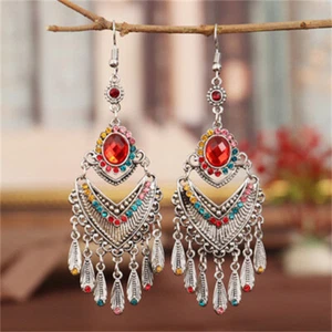 Boho Ethnic Vintage Silvery Drop Earrings for Women CZ Jewelry Gift Blue Red - Picture 1 of 11