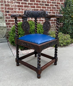 Antique English Corner Chair Oak Barley Twist Blue Leather Renaissance Revival - Picture 1 of 12