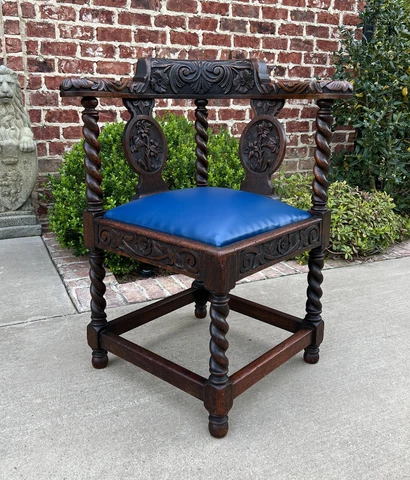 Antique English Corner Chair Oak Barley Twist Blue Leather Renaissance Revival Cover