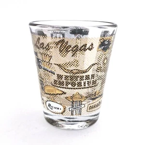 Vintage Las Vegas Shot Glass 22 Hotels Casinos Black and Gold Trim - Picture 1 of 11