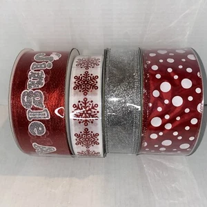 Members Mark Christmas Wired Ribbon Red White And Silver, Snowflakes Red 4 Rolls - Picture 1 of 11