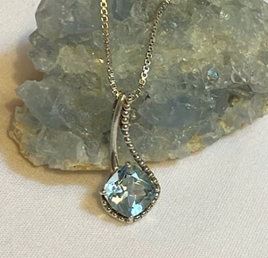 Sterling Silver 925 & Aquamarine Gemstone Pendant w/20” Box Chain Necklace - Picture 1 of 13