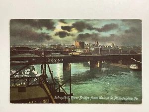 Philadelphia, Penn - Schuylkill River Bridge - Night, Full Moon UNP Postcard A-3 - Imagen 1 de 3