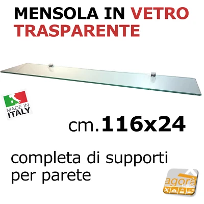 RIPIANO VETRO MENSOLA CRISTALLO CM.24X116 SP.8MM CON SUPPORTI X PARETE LIBRERIA - Immagine 1 di 4