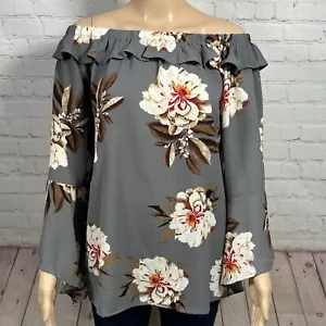 Jodifl Gris Floral Hombro Descubierto Top Mangas Campana Mujer Talla Grande Volantes - Imagen 1 de 8