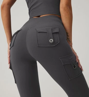 Leggings esportivas femininas de algodão com bolsos elásticos calças de corrida ioga - Imagem 1 de 4