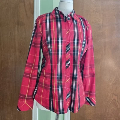 Camisa New York & Company Abotonada Mujer Mediana Roja Negra Cuadros Vacaciones Top Foto 1 de 4