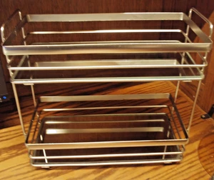 Ornate Silver-Tone 2-Tier MIRRORED Vanity Tray-11.3x 12.3x6- 4-Feet/Handles Box - Picture 1 of 6