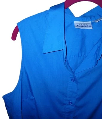 VTG Basic Editions 20W Y2K Button Up Sleeveless Solid Blue Camp Shirt Tank Top  - Image 1 of 4