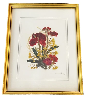 Vtg Dried Flower Art Bouquet Signed Tyrol Austria Handmade 11x9 Red Yellow - Image 1 of 4