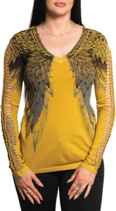 Affliction Women's “AGE OF WINTER” Yellow Long Sleeve V-Neck AngelWings T-Shirt - Picture 1 of 7