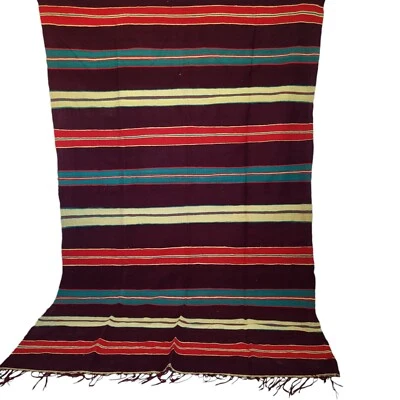 Alfombra marrón marroquí hecha a mano vintage rayas rojas verdes alfombra de lana tribal bereber Foto 1 de 4