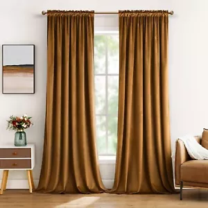 Golden Brown Velvet Curtains Thermal Insulated Blackout Curtain Drapes for Be... - Picture 1 of 8