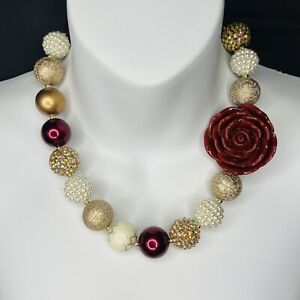 Vintage Red Molded Rose Gold Pearls Chunky Beaded Necklace Choker Collar 4114