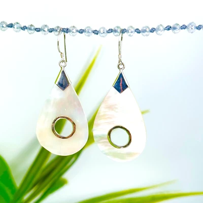 1 1/2" Teardrop Mother of Pearl Shell 925 Bali Sterling Silver Handmade Earrings - Image 1 of 4