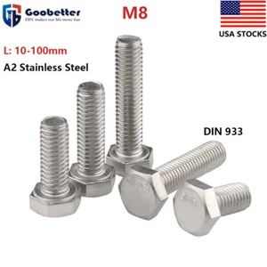 M8 A2 Stainless Steel Hex Head Cap Screws Bolt All Lengths DIN 933 Coarse Thread - Picture 1 of 11