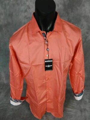 Mens Shirt Coral Color Floral Trim Button Front Barabas Premiere Classic Fit - Image 1 of 4