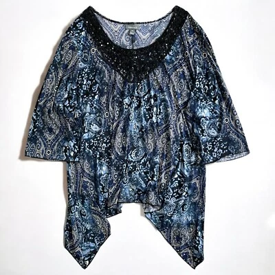 Essentials Y2K Paisley Sequin Asymmetric Top Plus 3X Blue Studded Fairy Grunge - Image 1 of 4