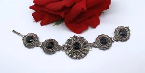 Vintage Armband Perlenimitat facettiert schwarz verziert KATZENRETTUNG - Bild 1 von 2