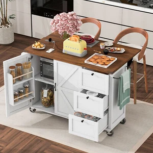 54.5" Farmhouse Kitchen Storage Island w/Power Outlet Wood Rolling Kitchen Cart - Picture 1 of 23