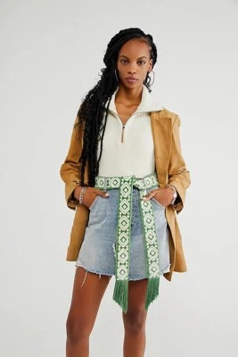 Free People Vivie Embroidered Green Velvet Tie Belt W/ Fringe 64" NWOT $49 - Image 1 of 4