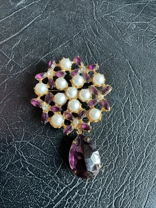 Vintage Sparkly Amethyst, Rhinestone & Faux Pearl Brooch - Picture 1 of 4