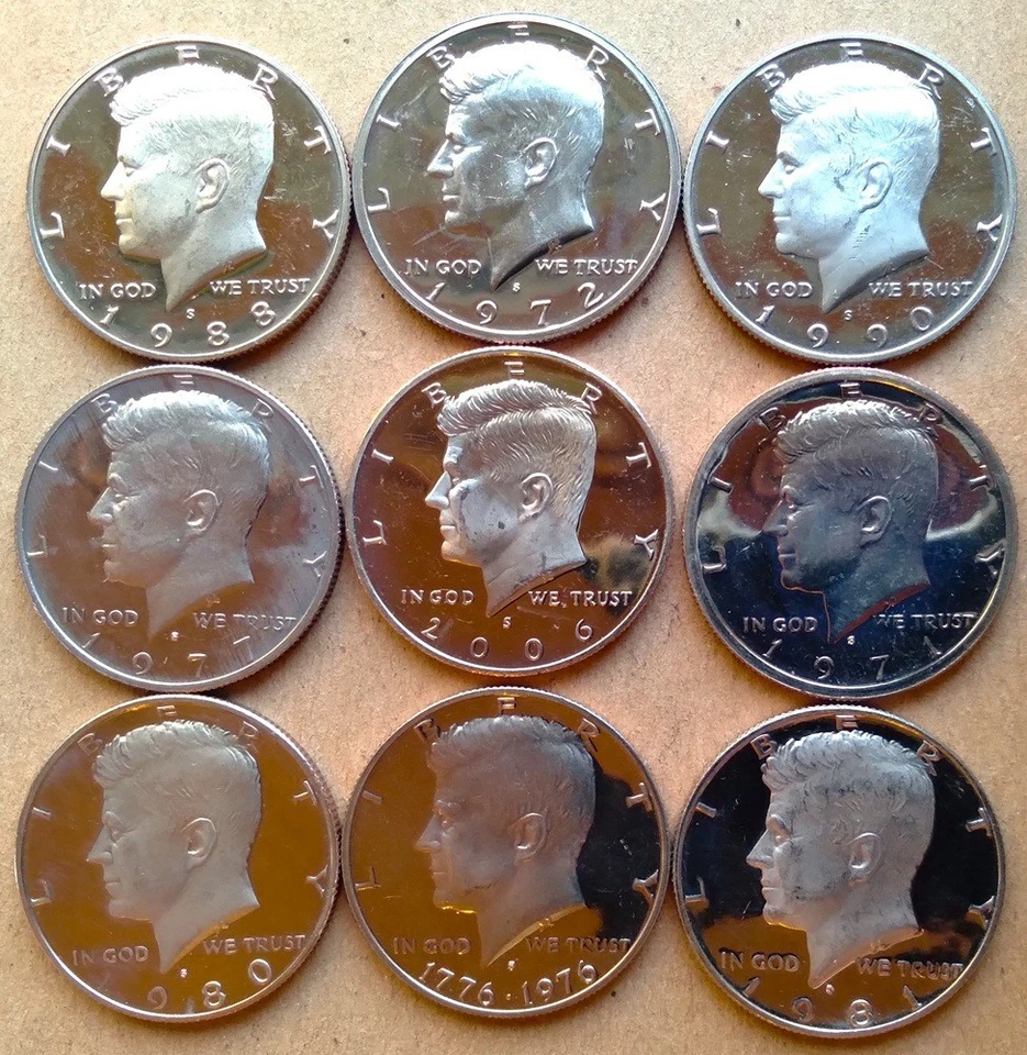 1976 1990 Half Dollar Lot Of 9 John F Kennedy S MINT Clad Proof Set Half Dollars - Image 1 of 2