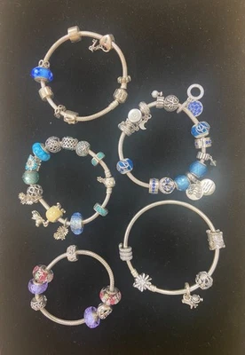 Lote de 5 pulseras Pandora con cuentas/dijes 925 auténticas de plata de ley CH 23 Foto 1 de 4