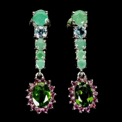 925 Sterling Silver Earrings Oval Emerald Aquamarine Rhodolite Gemstone Jewelry - Image 1 of 4