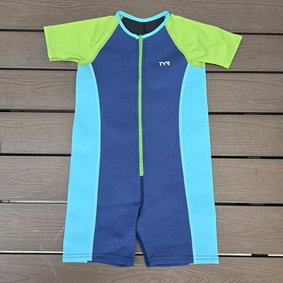 TYR Boys Girls Solid Thermal Swim Suit Zip up Blue Olive Size 7/8 New Sample - Image 1 of 2