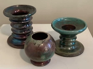 Raku Pottery Lot of 3 Complementary Iridescent Hand Thrown Artisan Signed - Picture 1 of 12