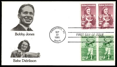 1981 Bobby Jones FDC- Babe Didrikson Cachet- Stamp Variety - Image 1 of 2