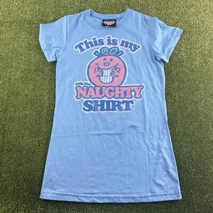 JUNK FOOD LITTLE MISS This Is My Naughty Shirt TOP Sz MEDIUM Jr’s Blueberry NEW - Picture 1 of 10