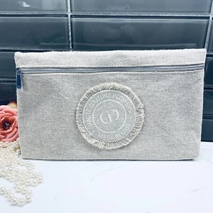 CHRISTIAN DIOR NUTRAL LINEN ZIPPER MAKEUP BAG / MAKEUP BRUSH POUCH - Picture 1 of 6