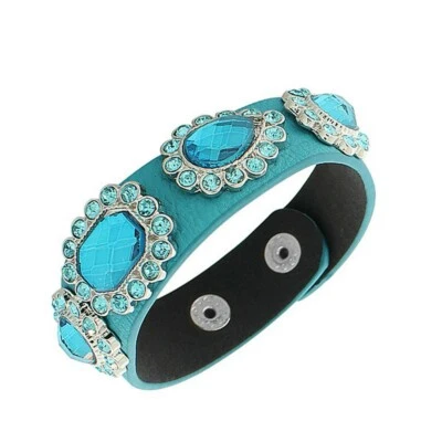 Pulsera brazalete brazalete imitación cuero azul tono plata circonita cúbica a presión Foto 1 de 4