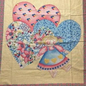Vintage Country Rag Doll Cotton Fabric Panel with Printed Hearts & Borders - Picture 1 of 6