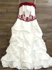 David's Bridal  White Apple (Red) Satin Wedding Dress Embroidered Beaded Size 10 - Picture 1 of 21