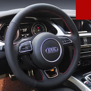For Audi A4 DIY Hand-stitched Car Steering Wheel Cover Black Leather Red thread - Picture 1 of 6
